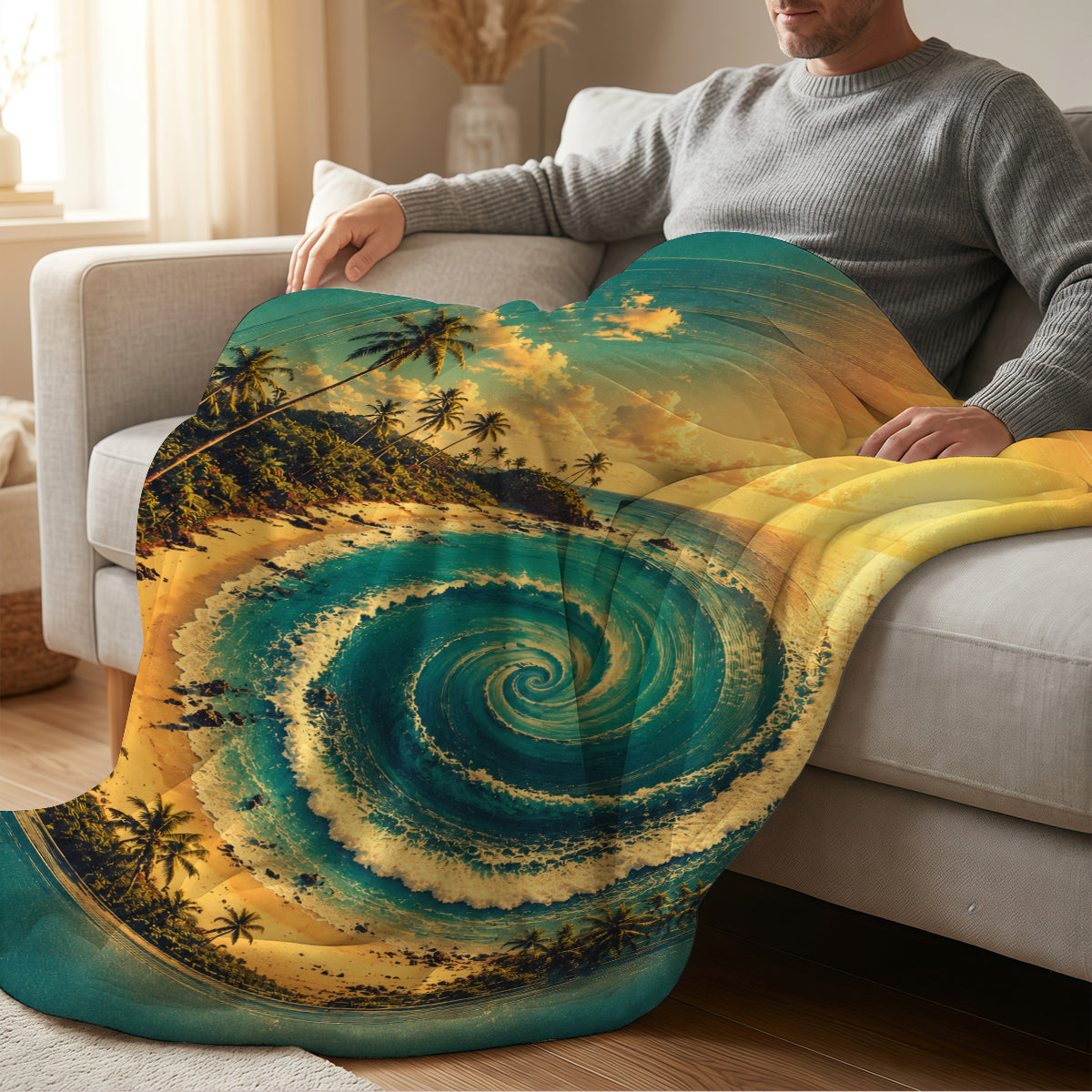 Beach Wave Fleece Blanket - Tropical Ocean Print, Soft & Cozy for Home or Travel