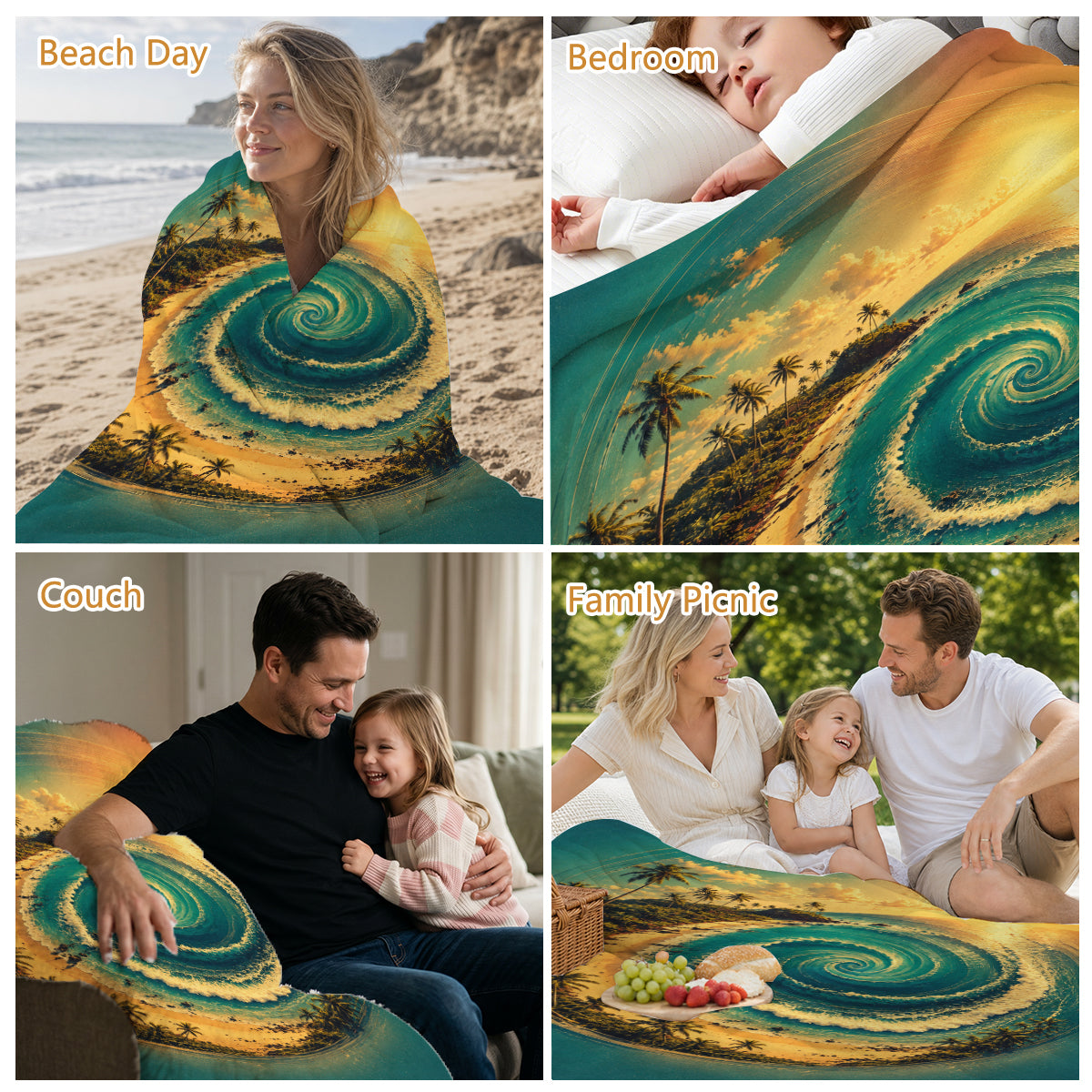 Beach Wave Fleece Blanket - Tropical Ocean Print, Soft & Cozy for Home or Travel