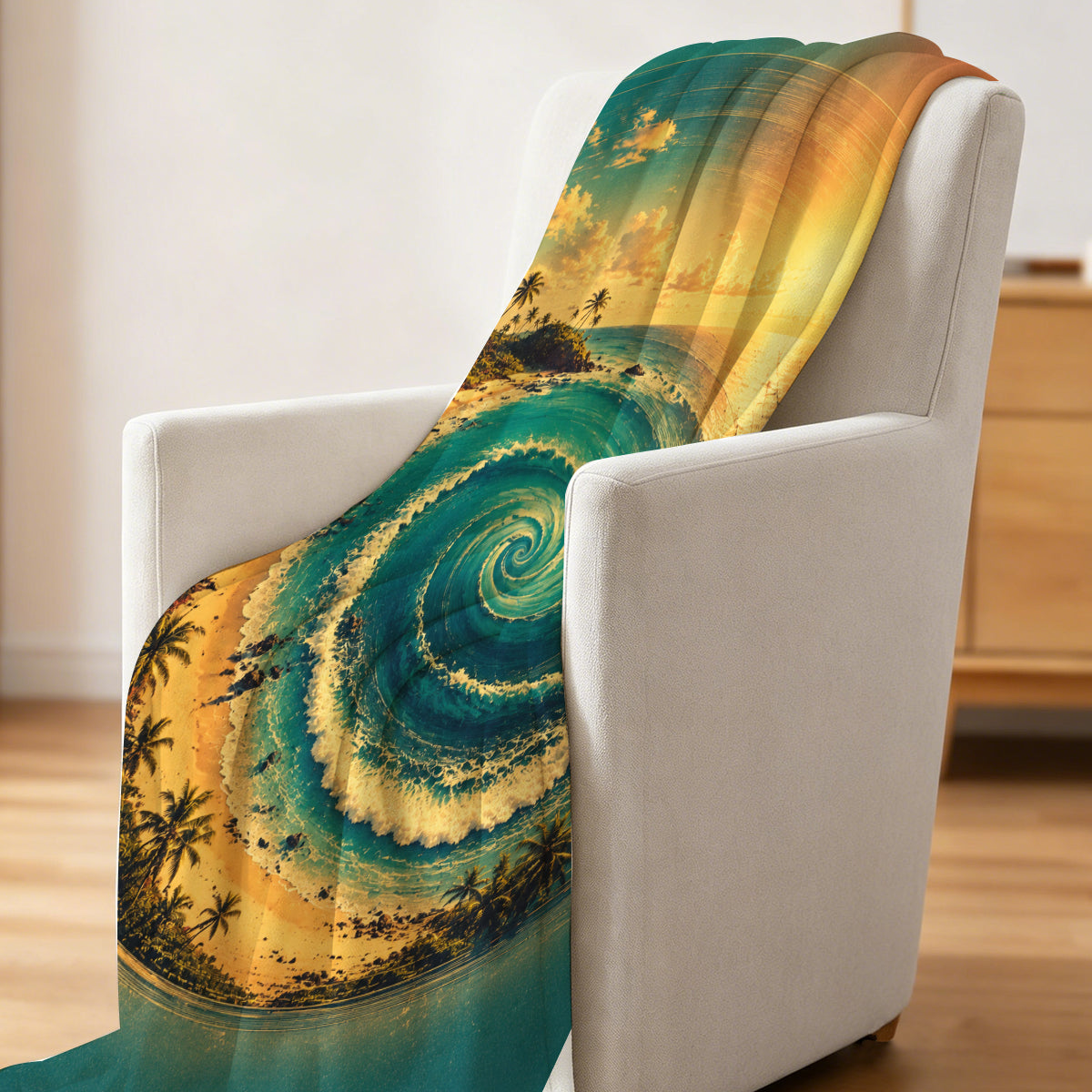 Beach Wave Fleece Blanket - Tropical Ocean Print, Soft & Cozy for Home or Travel