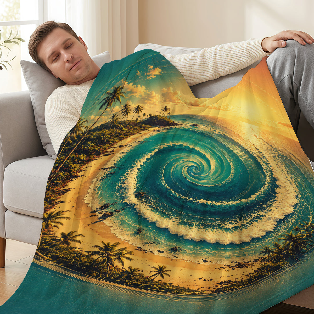 Beach Wave Fleece Blanket - Tropical Ocean Print, Soft & Cozy for Home or Travel