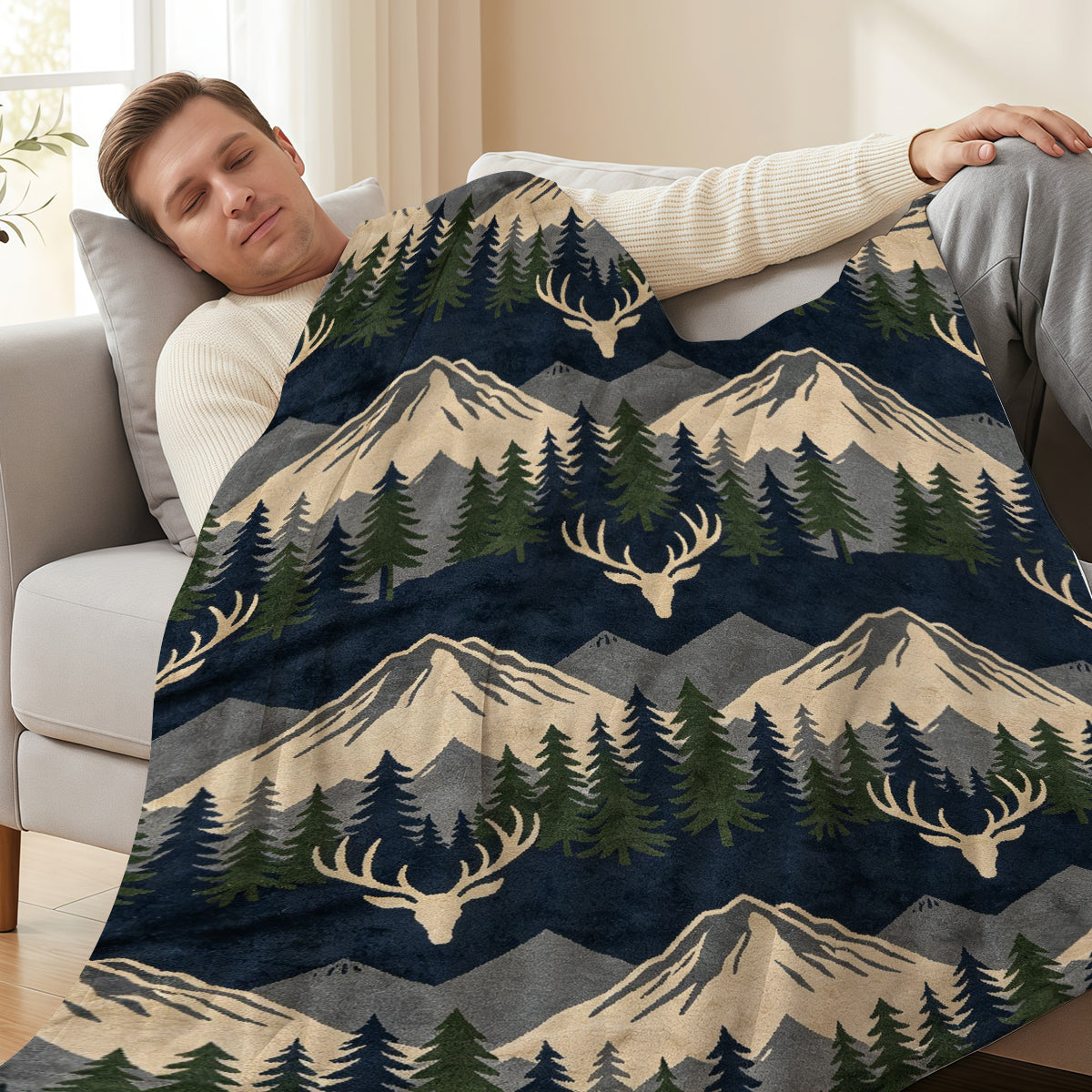Cozy Fleece Blanket with Mountain and Deer Pattern, Soft Plush Material Perfect for Home or Gift