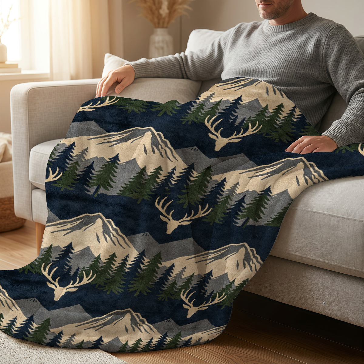 Cozy Fleece Blanket with Mountain and Deer Pattern, Soft Plush Material Perfect for Home or Gift