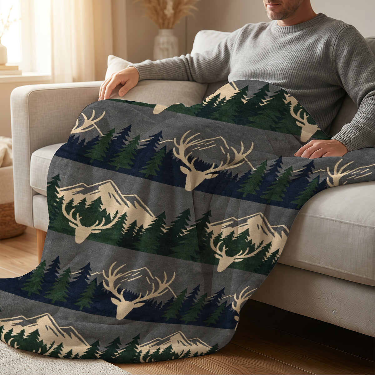 Cozy Fleece Blanket with Deer & Mountain Pattern, Soft Warmth for Home or Travel