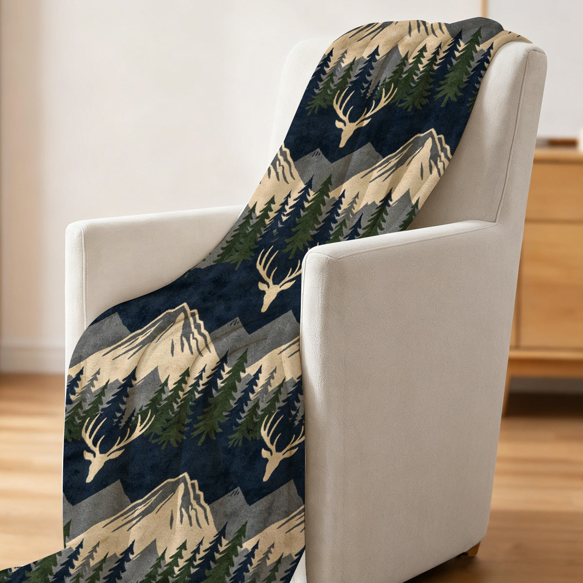Cozy Fleece Blanket with Mountain and Deer Pattern, Soft Plush Material Perfect for Home or Gift