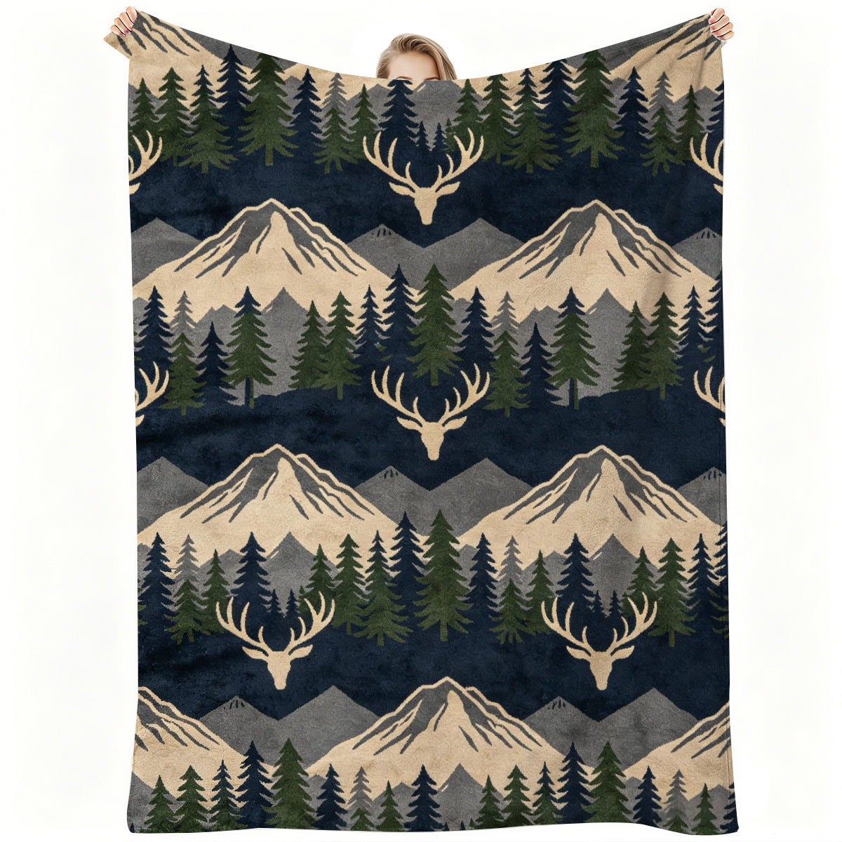 Cozy Fleece Blanket with Mountain and Deer Pattern, Soft Plush Material Perfect for Home or Gift