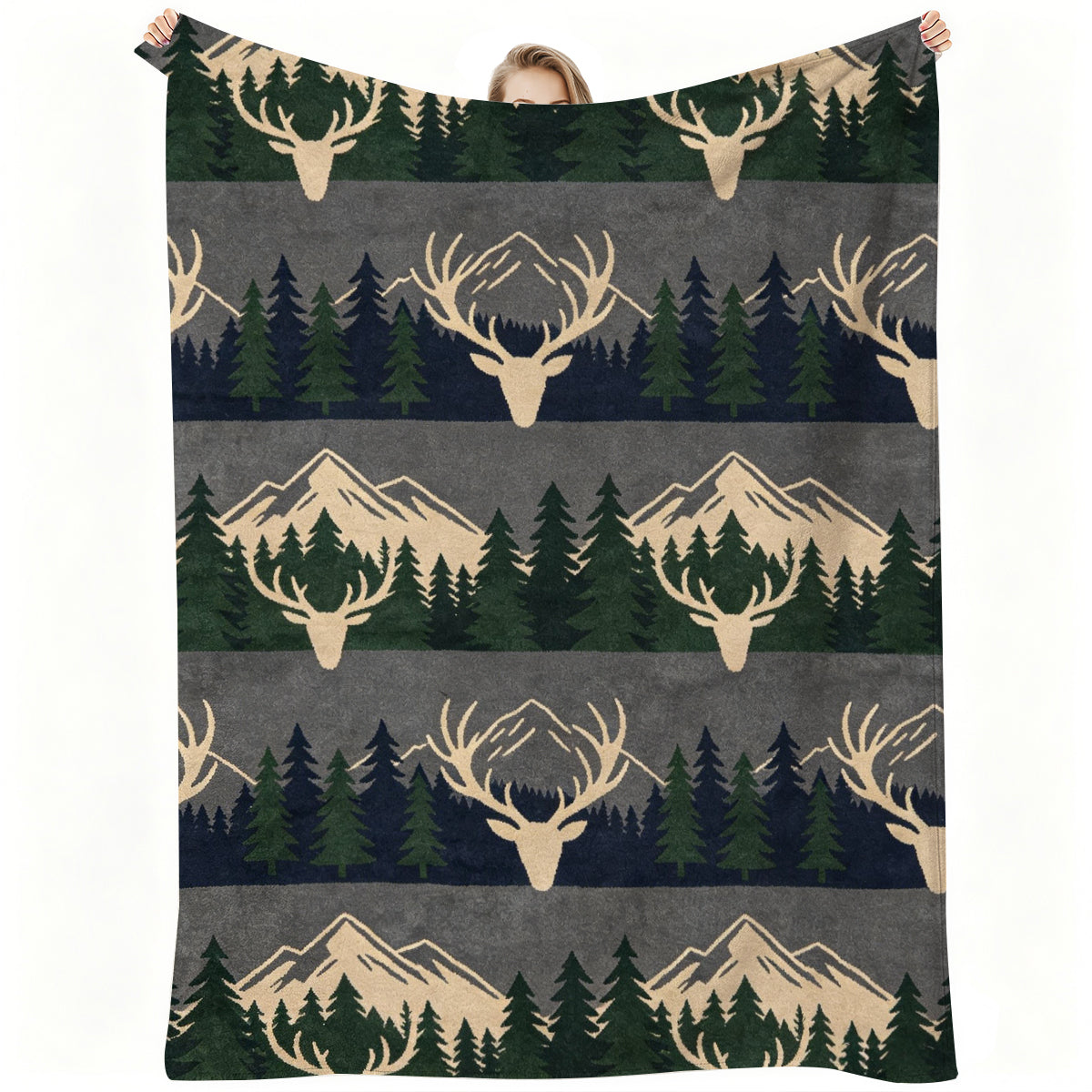 Cozy Fleece Blanket with Deer & Mountain Pattern, Soft Warmth for Home or Travel