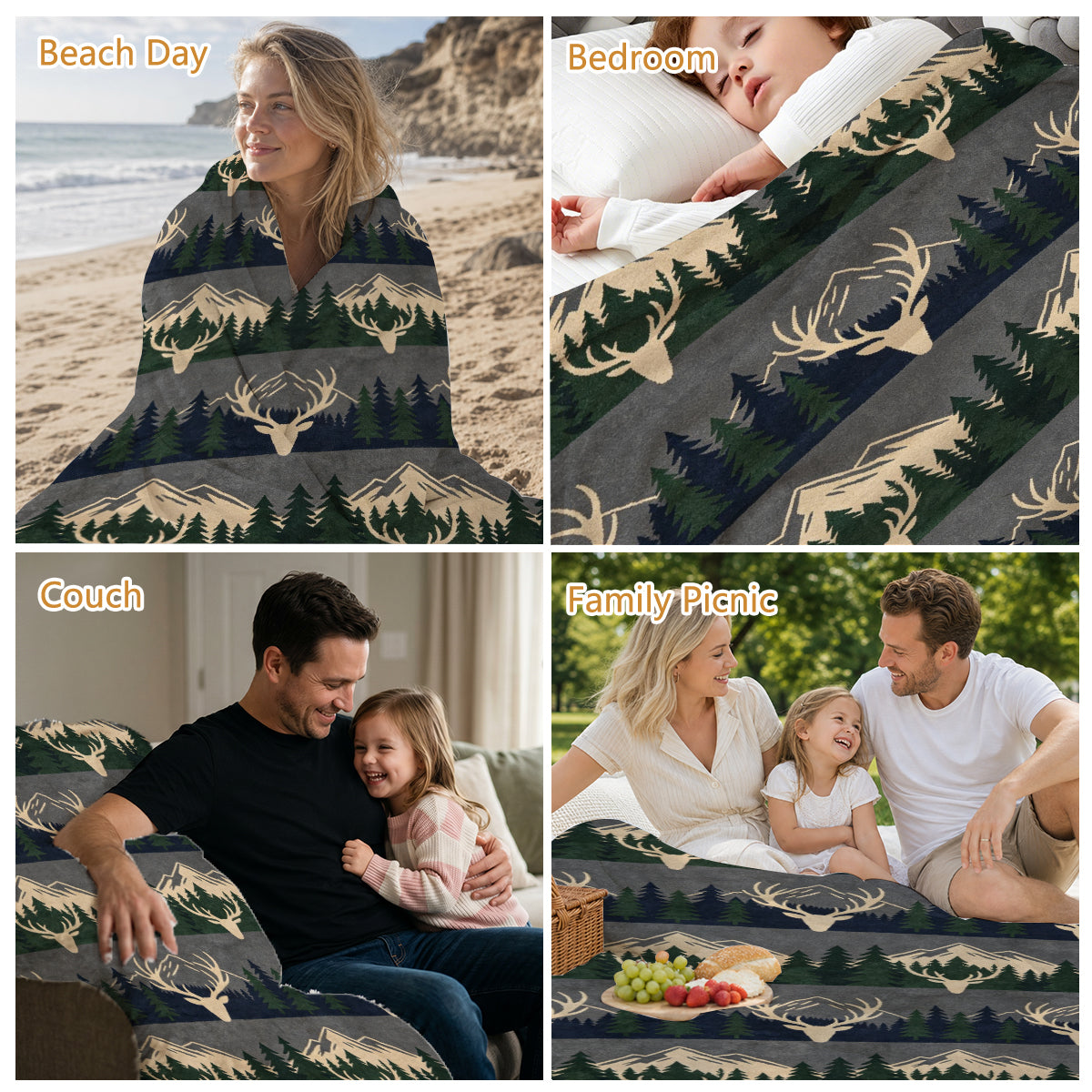 Cozy Fleece Blanket with Deer & Mountain Pattern, Soft Warmth for Home or Travel