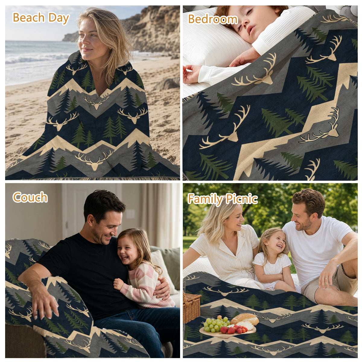 Cozy Deer & Mountain Pattern Fleece Blanket, Soft Warm Winter Cover for Home or Gift