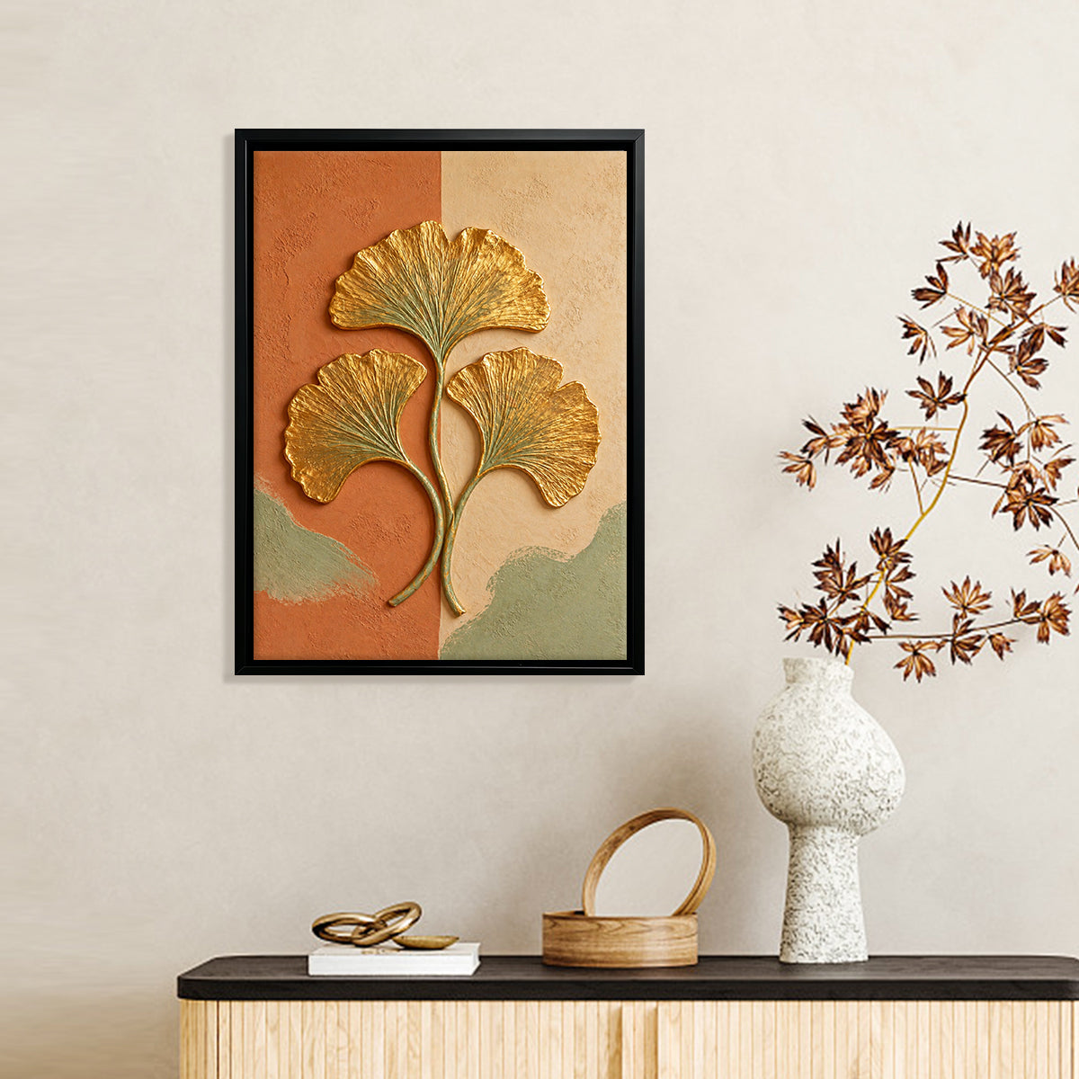 Framed Ginkgo Leaf Art Print, Modern Abstract Design, Gold Accents, Perfect for Home Decor in Any Room