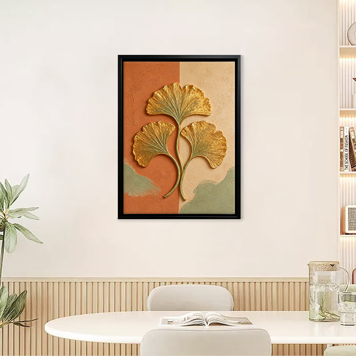 Framed Ginkgo Leaf Art Print, Modern Abstract Design, Gold Accents, Perfect for Home Decor in Any Room