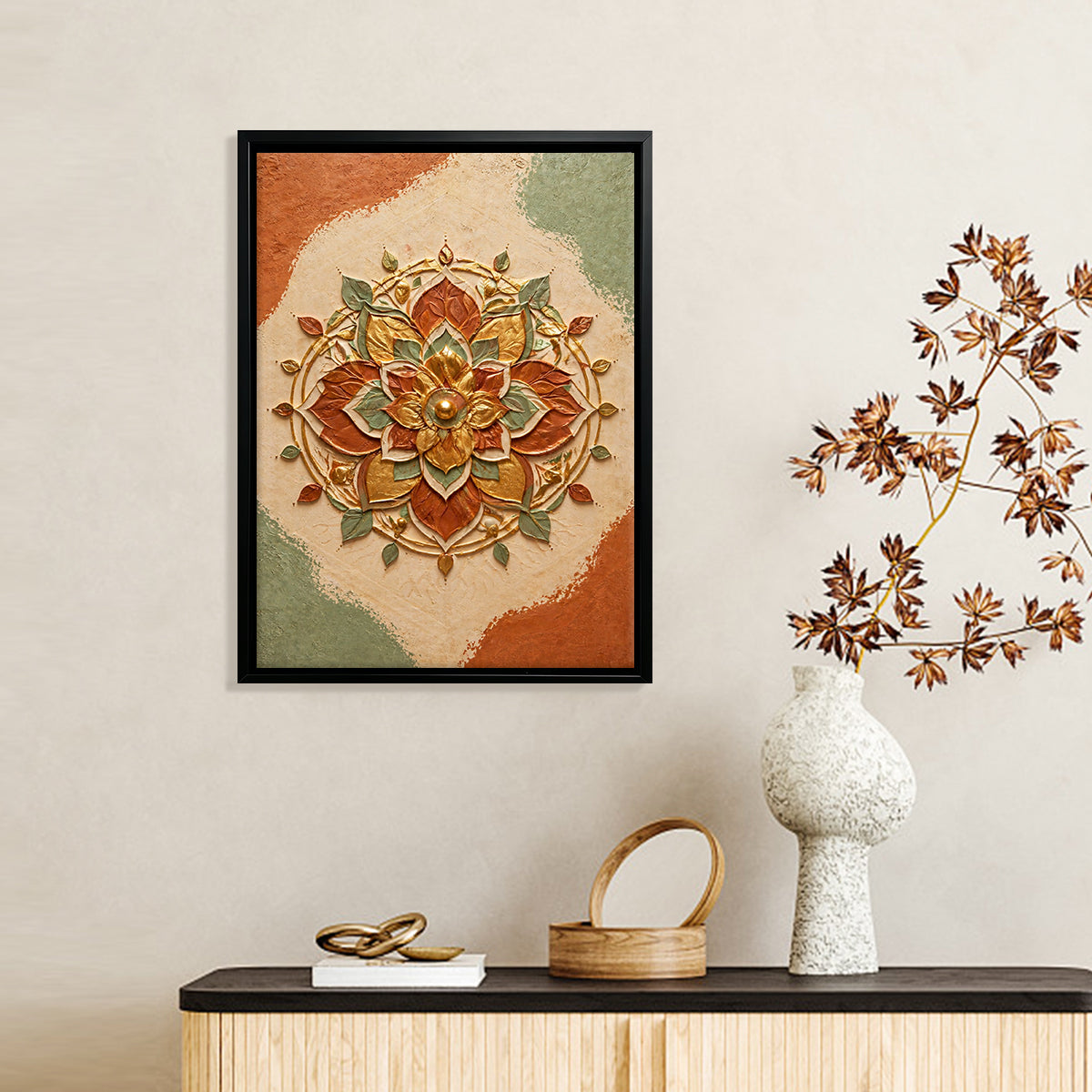 Framed Lotus Mandala Art Print, Bohemian Style, Textured Design, Perfect for Home Decor or Gift
