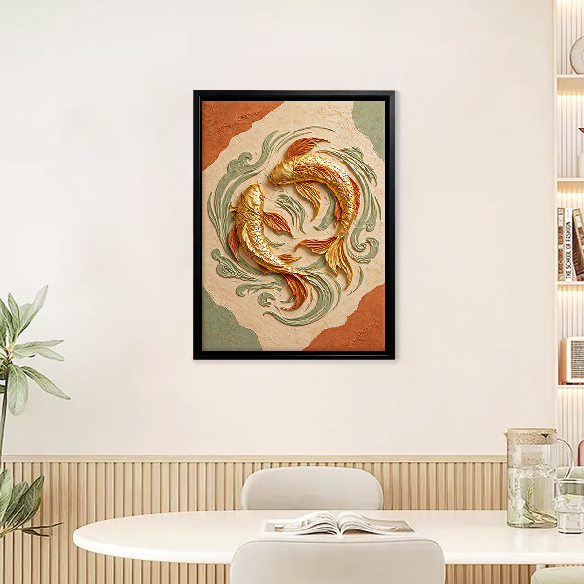 Framed Gold Fish Artwork, Oriental Style, Handcrafted Clay Design, Perfect for Home Decor in California
