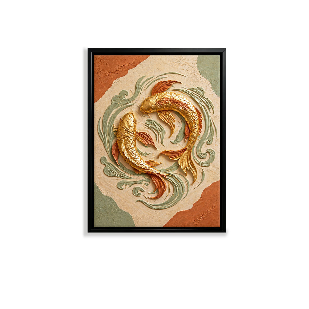 Framed Gold Fish Artwork, Oriental Style, Handcrafted Clay Design, Perfect for Home Decor in California