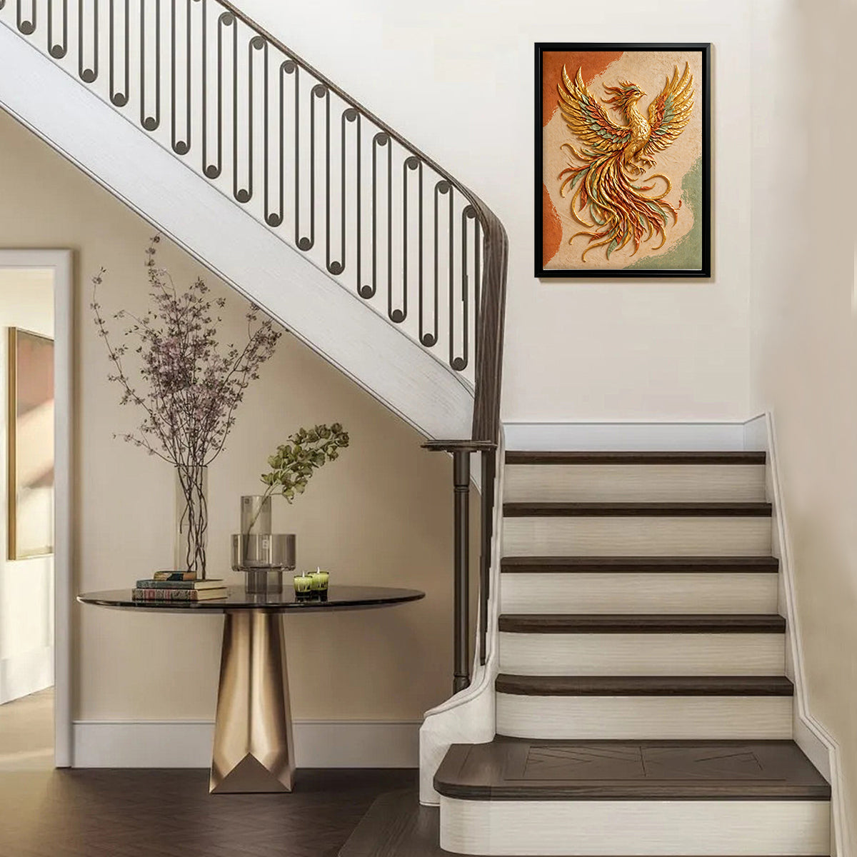 Framed Phoenix Wall Art, Vibrant Golden Bird Design, High-Quality Canvas Print, Perfect for Home Decor in New York