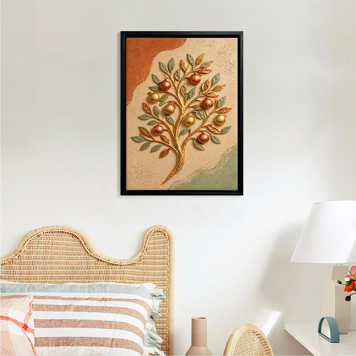 Framed Tree of Life Wall Art with Golden Fruits, Modern Home Decor for Living Room or Staircase