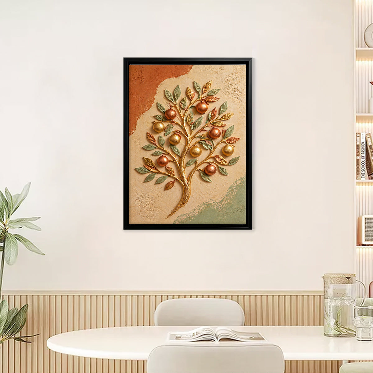 Framed Tree of Life Wall Art with Golden Fruits, Modern Home Decor for Living Room or Staircase
