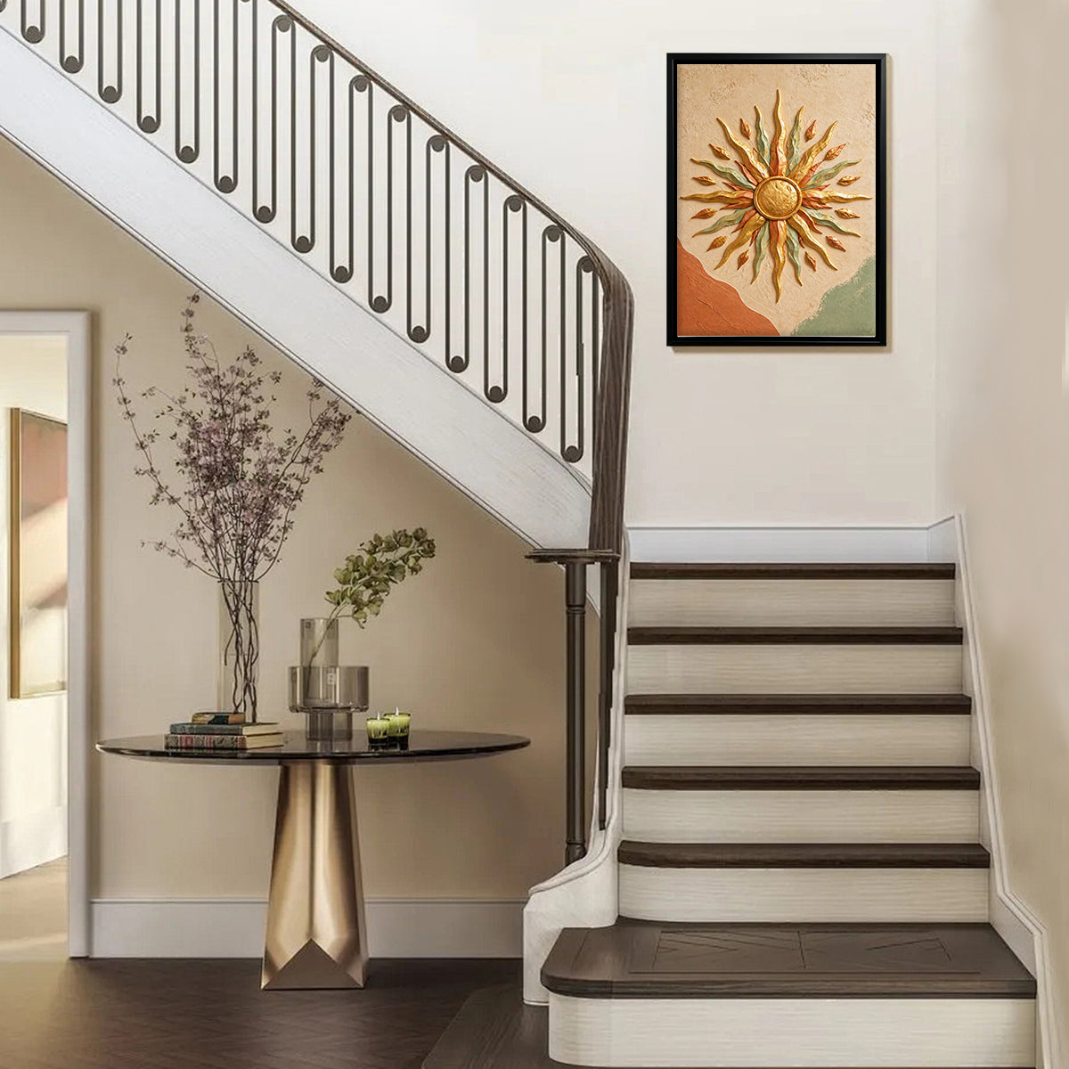 Framed Sunburst Wall Art with Leaf Motif, Modern Abstract Design, High-Quality Finish, Perfect for Home Decor in Any Room
