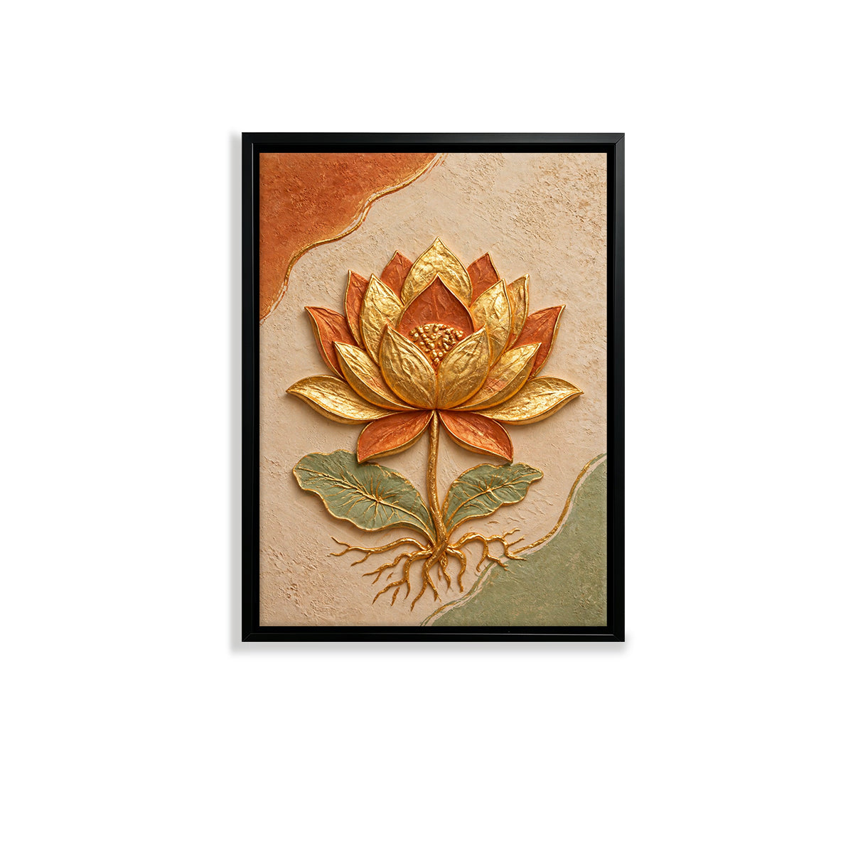 Framed Lotus Flower Artwork, 3D Relief Design, Gold Leaf Accents, Perfect for Home Decor in Any Room