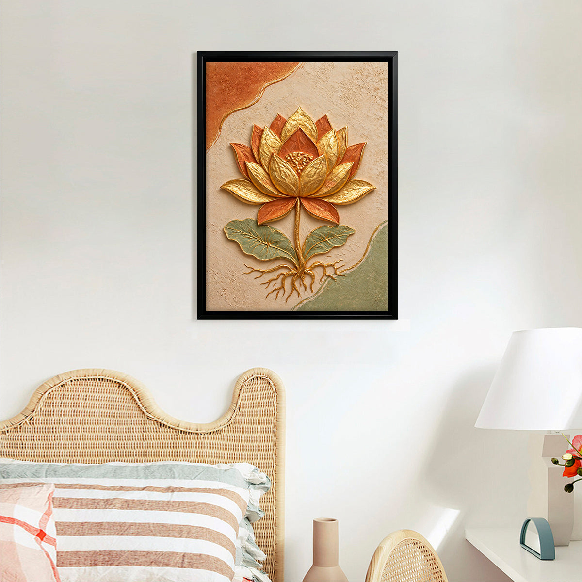 Framed Lotus Flower Artwork, 3D Relief Design, Gold Leaf Accents, Perfect for Home Decor in Any Room