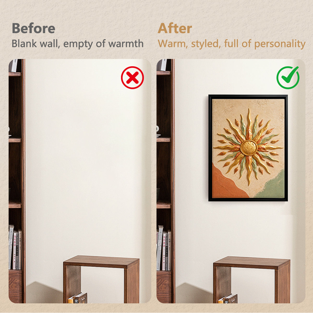 Framed Sunburst Wall Art with Leaf Motif, Modern Abstract Design, High-Quality Finish, Perfect for Home Decor in Any Room
