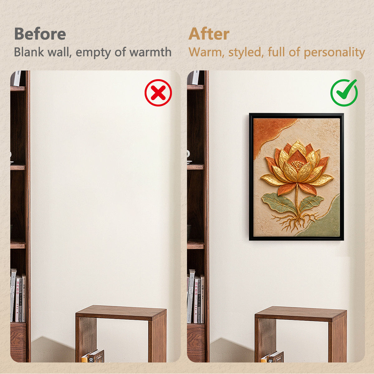 Framed Lotus Flower Artwork, 3D Relief Design, Gold Leaf Accents, Perfect for Home Decor in Any Room
