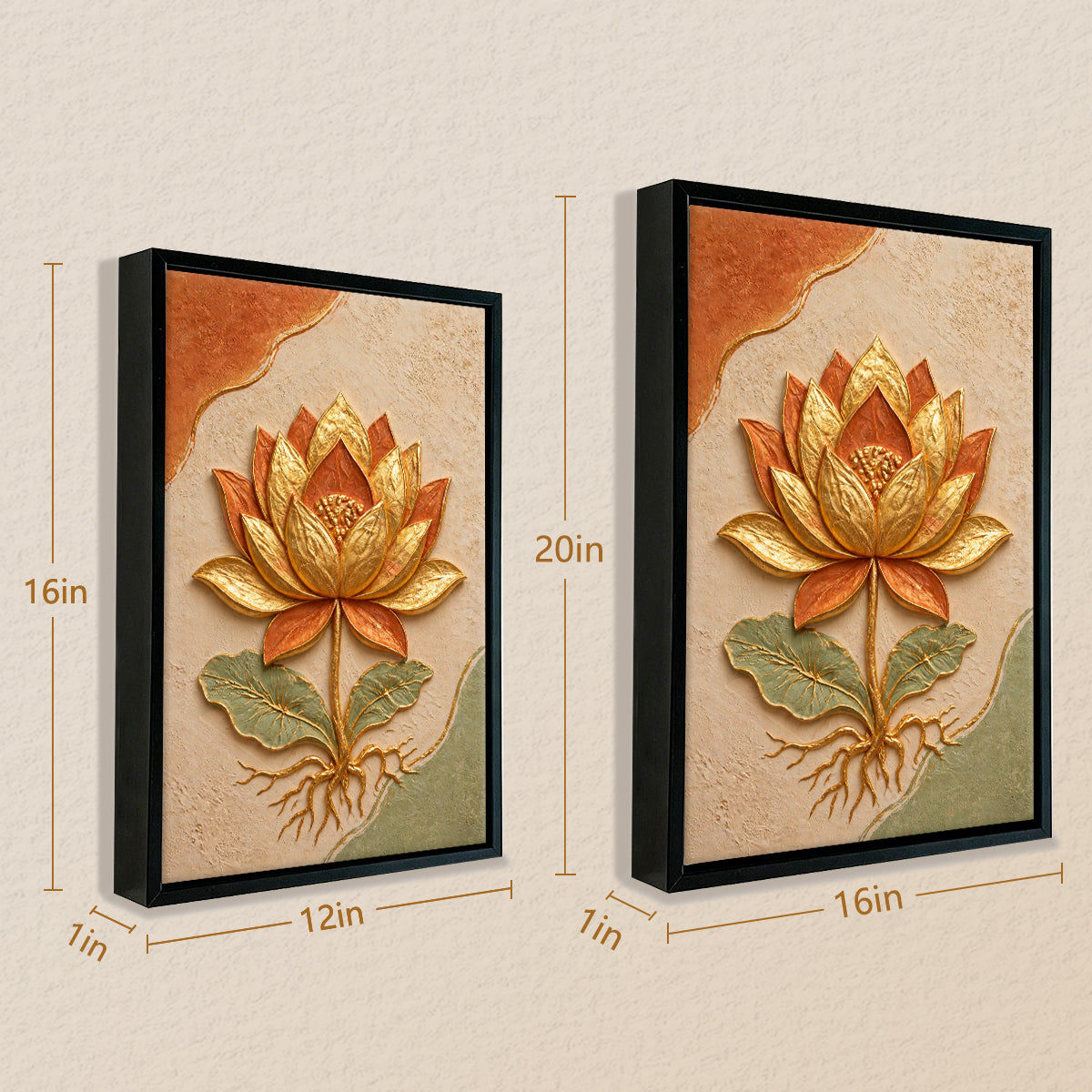 Framed Lotus Flower Artwork, 3D Relief Design, Gold Leaf Accents, Perfect for Home Decor in Any Room