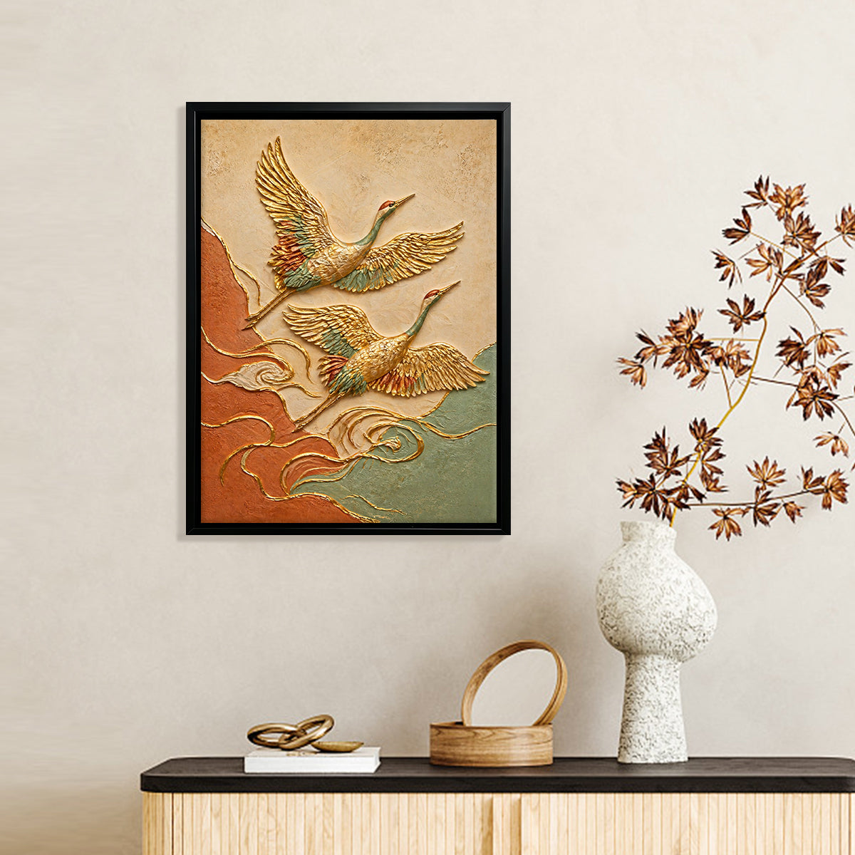 Elegant Flying Cranes Wall Art, 3D Relief Painting, Perfect for Home Decor in Any Room