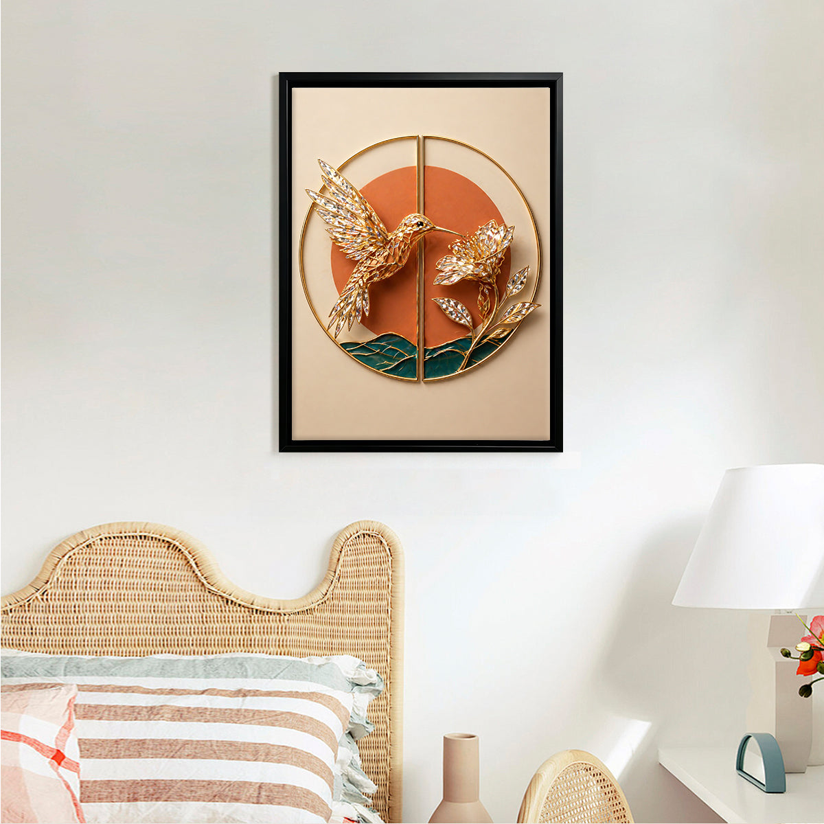 Elegant Hummingbird Wall Art with Crystal Accents, Modern Home Decor for Living Room or Hallway