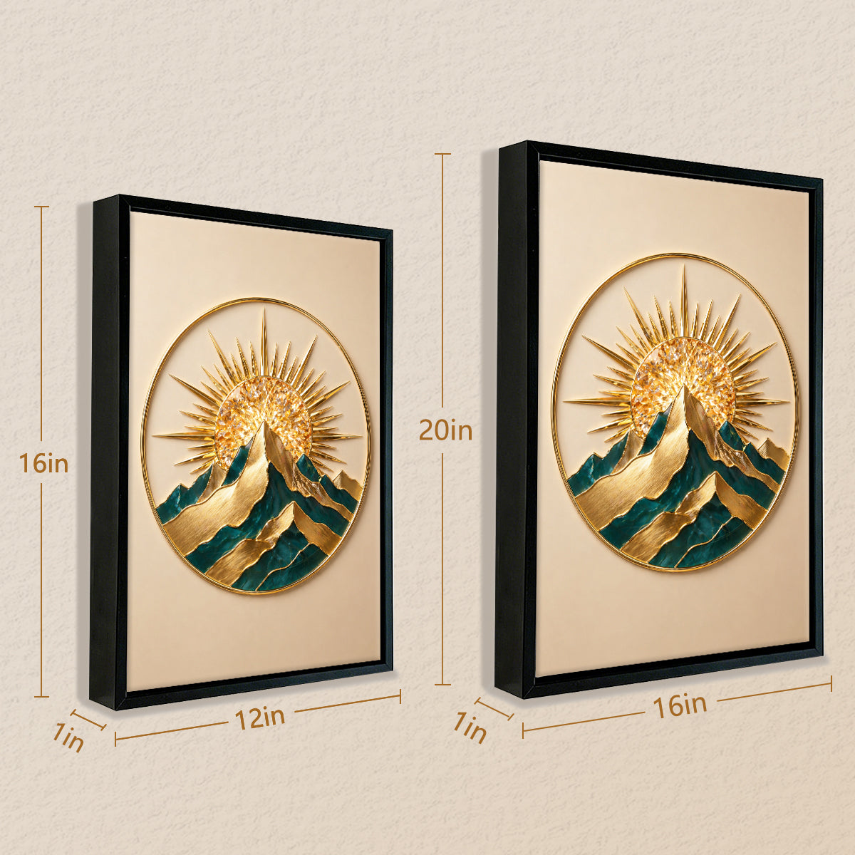 Elegant Sunrise Mountain Wall Art Sculpture, Gold & Green Modern Decor for Living Room or Office