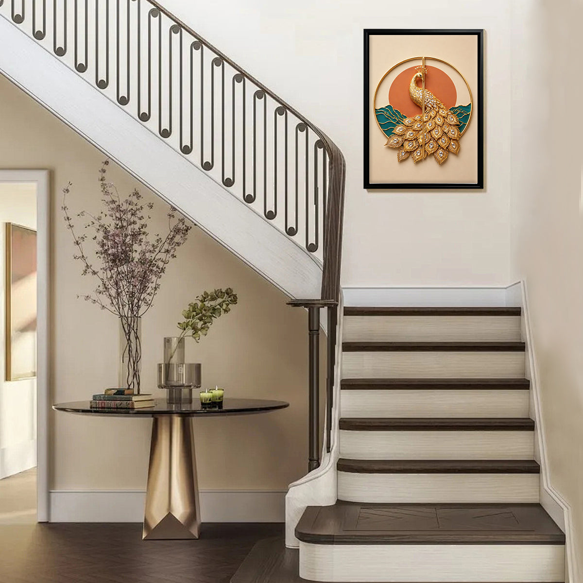 Elegant Golden Peacock Wall Art, Modern Decorative Painting with Crystal Accents, Perfect for Living Room or Office