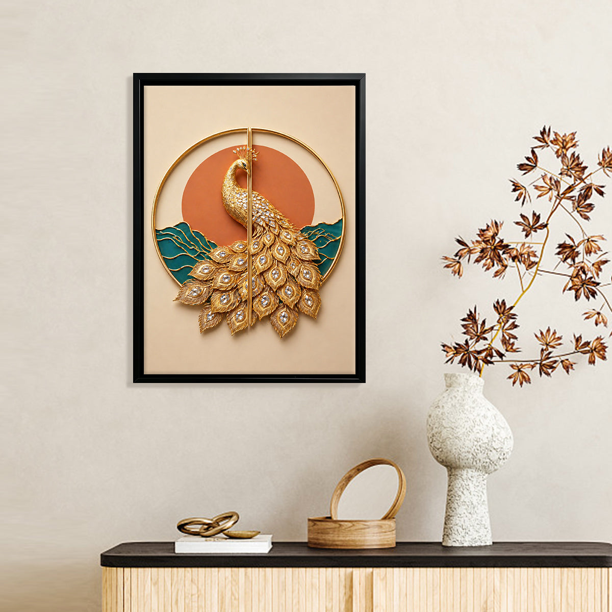 Elegant Golden Peacock Wall Art, Modern Decorative Painting with Crystal Accents, Perfect for Living Room or Office