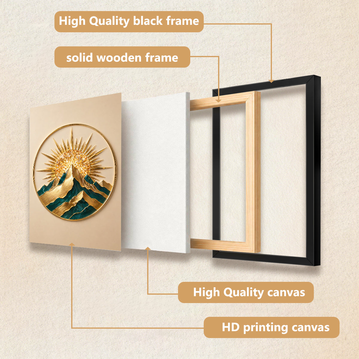 Elegant Sunrise Mountain Wall Art Sculpture, Gold & Green Modern Decor for Living Room or Office