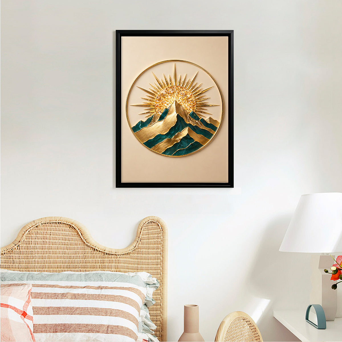 Elegant Sunrise Mountain Wall Art Sculpture, Gold & Green Modern Decor for Living Room or Office