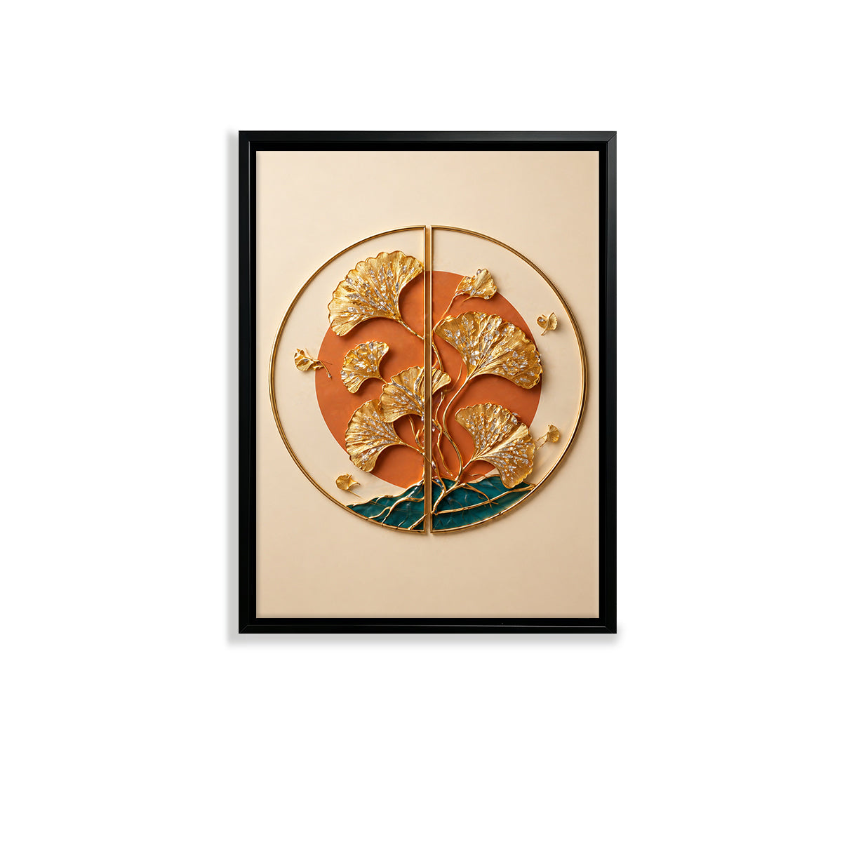 Modern Ginkgo Leaf Wall Art Framed Sculpture for Home Decor, Elegant Gold Accents, Perfect for Living Room or Office