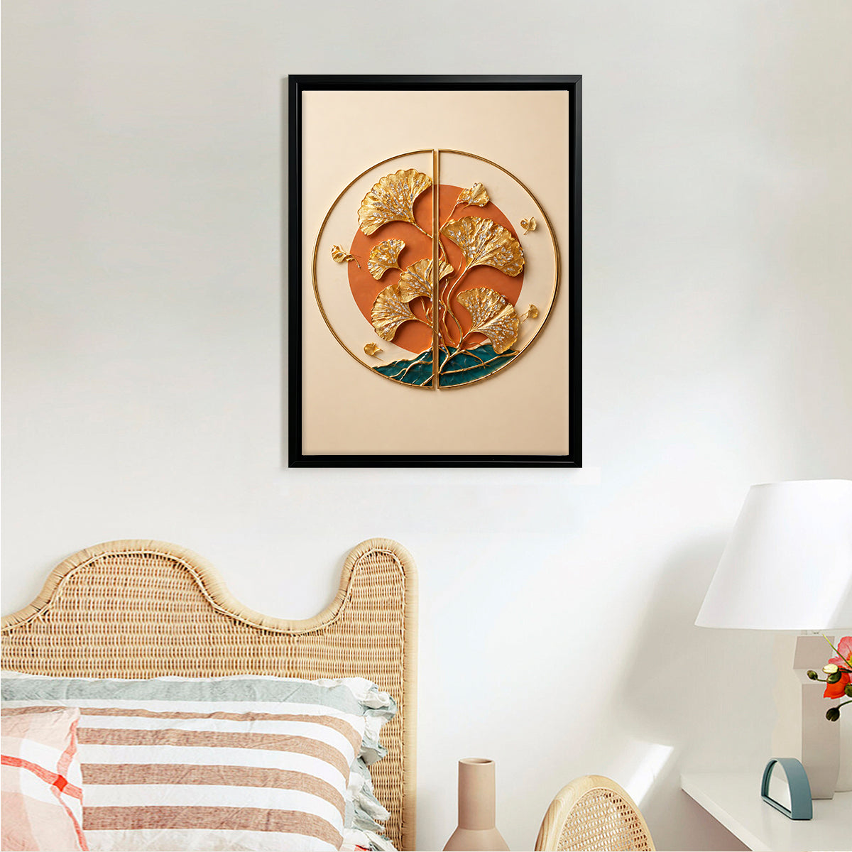 Modern Ginkgo Leaf Wall Art Framed Sculpture for Home Decor, Elegant Gold Accents, Perfect for Living Room or Office