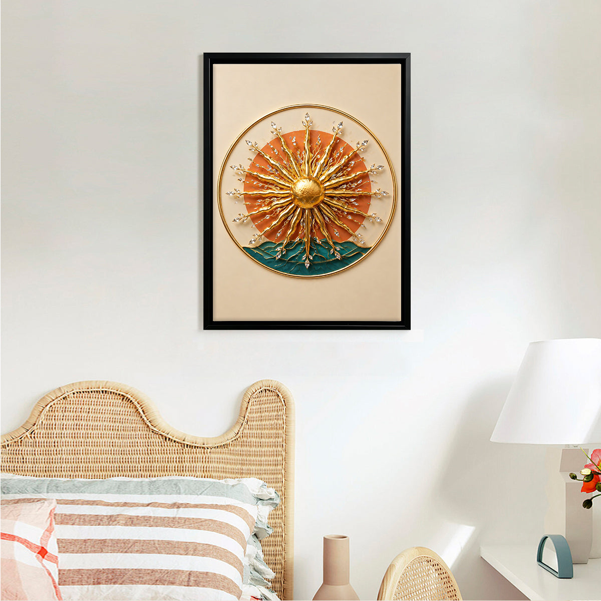Elegant Sunburst Wall Art Sculpture, Modern Decor with Crystal Accents, Perfect for Living Room or Office