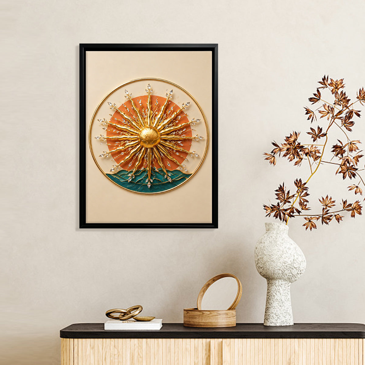 Elegant Sunburst Wall Art Sculpture, Modern Decor with Crystal Accents, Perfect for Living Room or Office