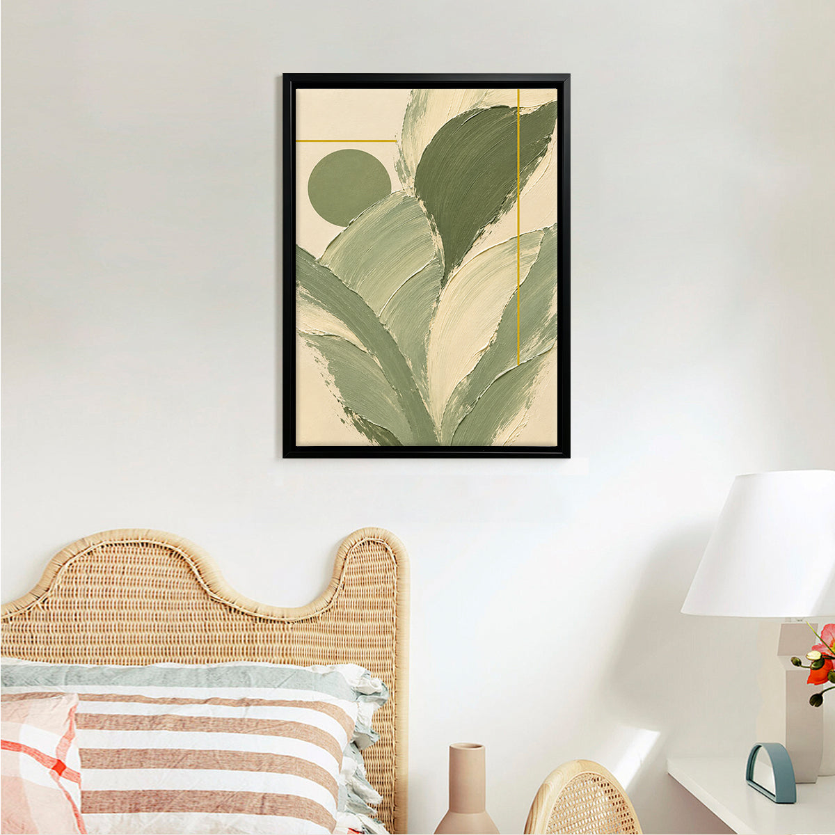 Abstract Green Leaf Framed Art Print, Modern Minimalist Canvas Painting for Home Decor, Elegant Wall Art Gift