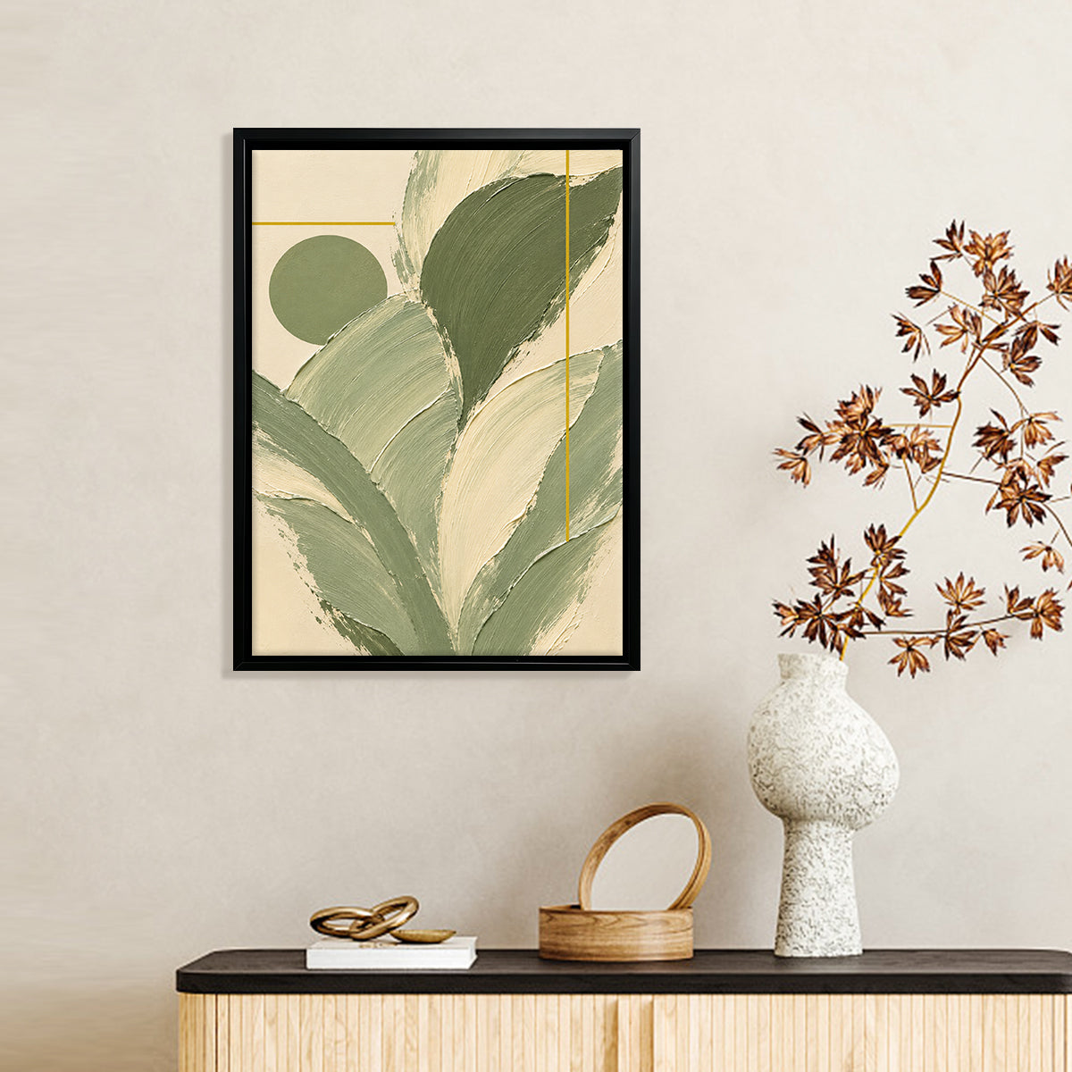 Abstract Green Leaf Framed Art Print, Modern Minimalist Canvas Painting for Home Decor, Elegant Wall Art Gift