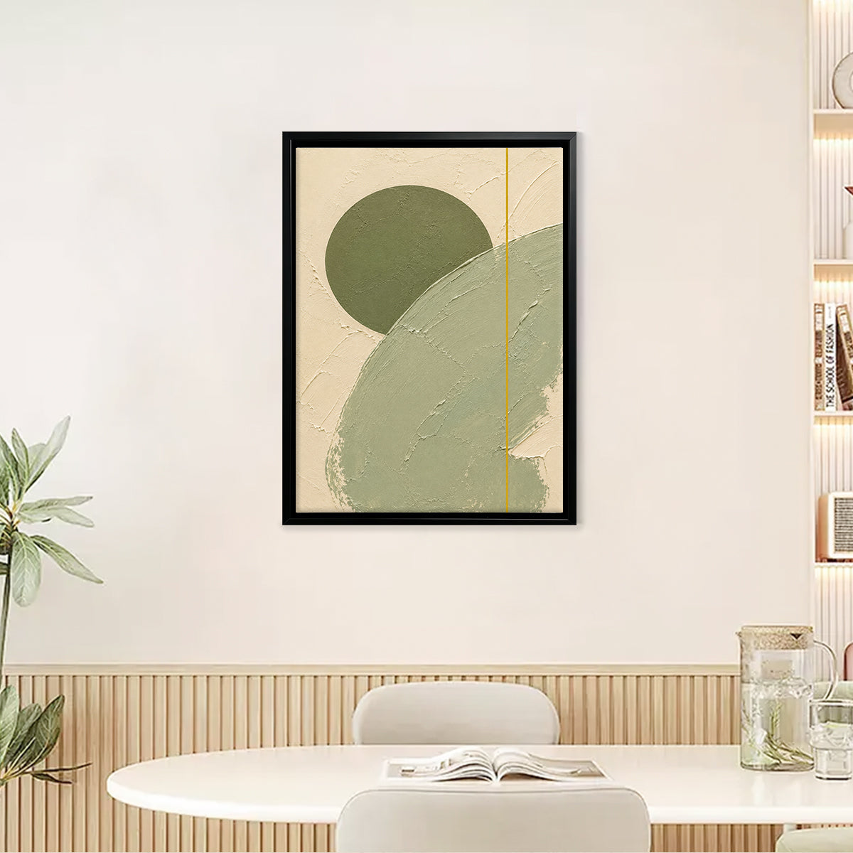 Abstract Green Circle Wall Art Print in Black Frame, Modern Minimalist Design for Home Decor