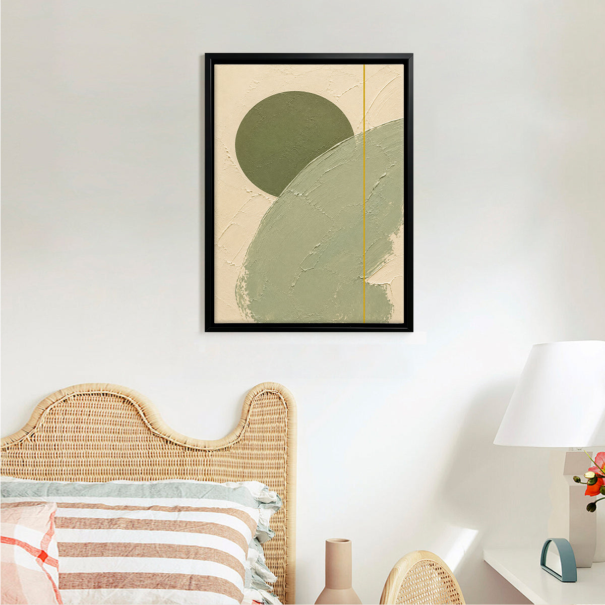 Abstract Green Circle Wall Art Print in Black Frame, Modern Minimalist Design for Home Decor
