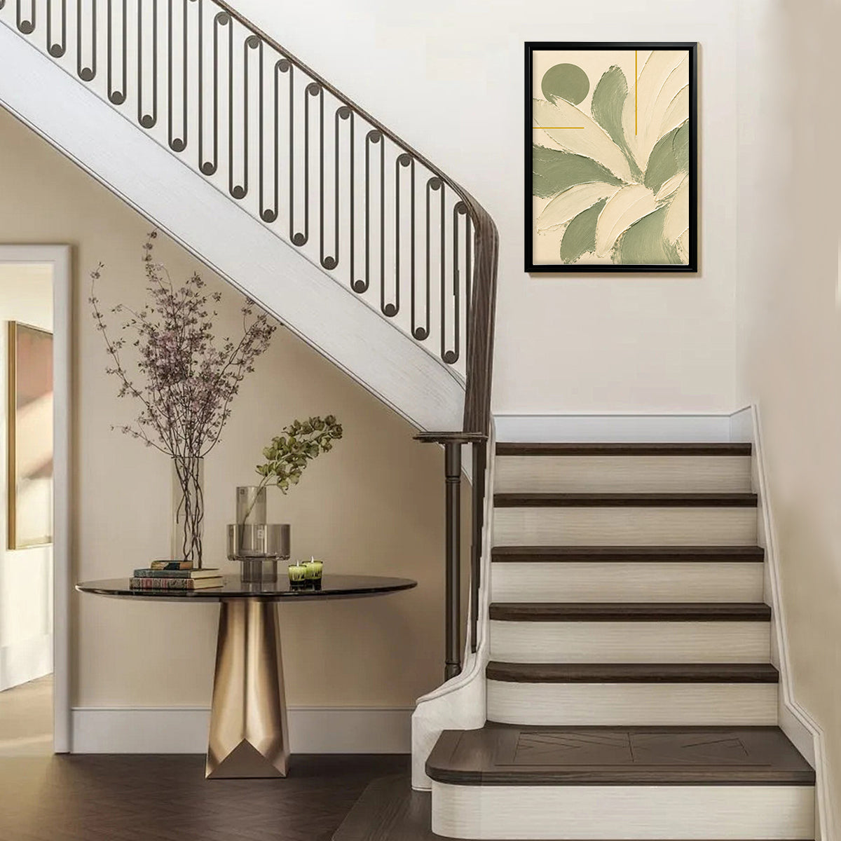 Abstract Floral Wall Art Print in Black Frame, Modern Home Decor for Living Room or Staircase