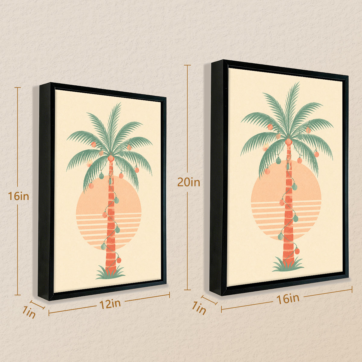 Framed Tropical Palm Tree Art Print with Festive Ornaments, Retro Style, High-Quality Matte Finish, Perfect for Home Decor in California