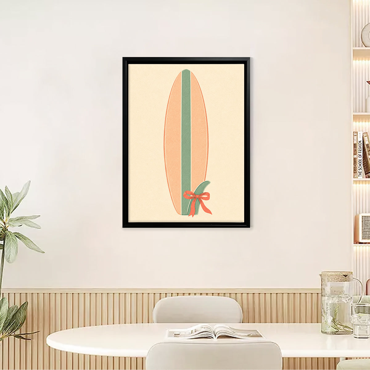 Framed Surfboard Art Print with Green Stripe and Red Bow, Retro Style, Perfect for Beach House Decor in California