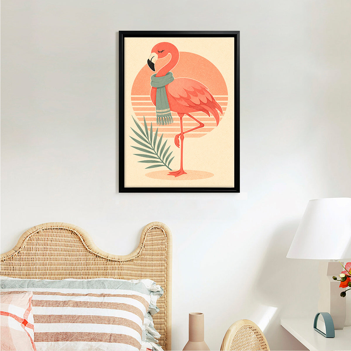 Framed Flamingo Art Print with Scarf, Retro Style, High-Quality Matte Finish, Perfect for Home Decor in Any Room