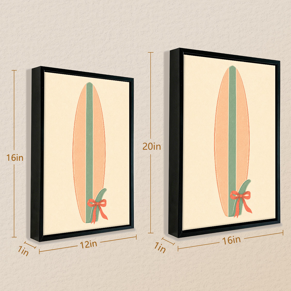 Framed Surfboard Art Print with Green Stripe and Red Bow, Retro Style, Perfect for Beach House Decor in California