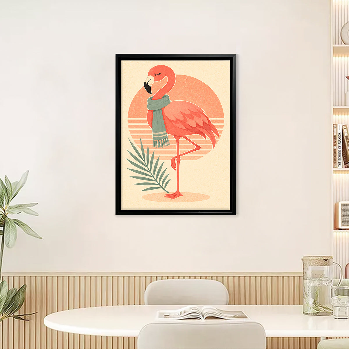 Framed Flamingo Art Print with Scarf, Retro Style, High-Quality Matte Finish, Perfect for Home Decor in Any Room