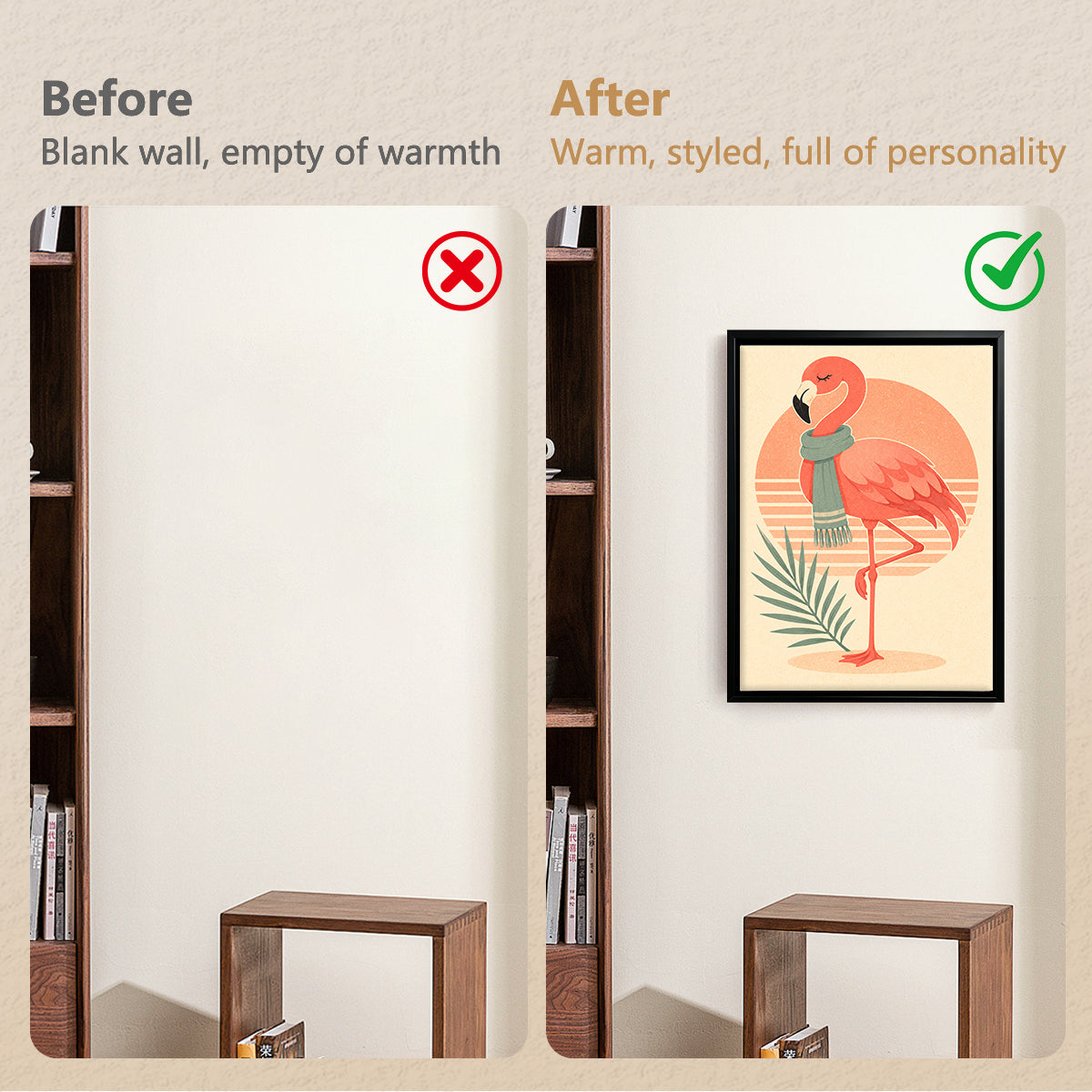 Framed Flamingo Art Print with Scarf, Retro Style, High-Quality Matte Finish, Perfect for Home Decor in Any Room