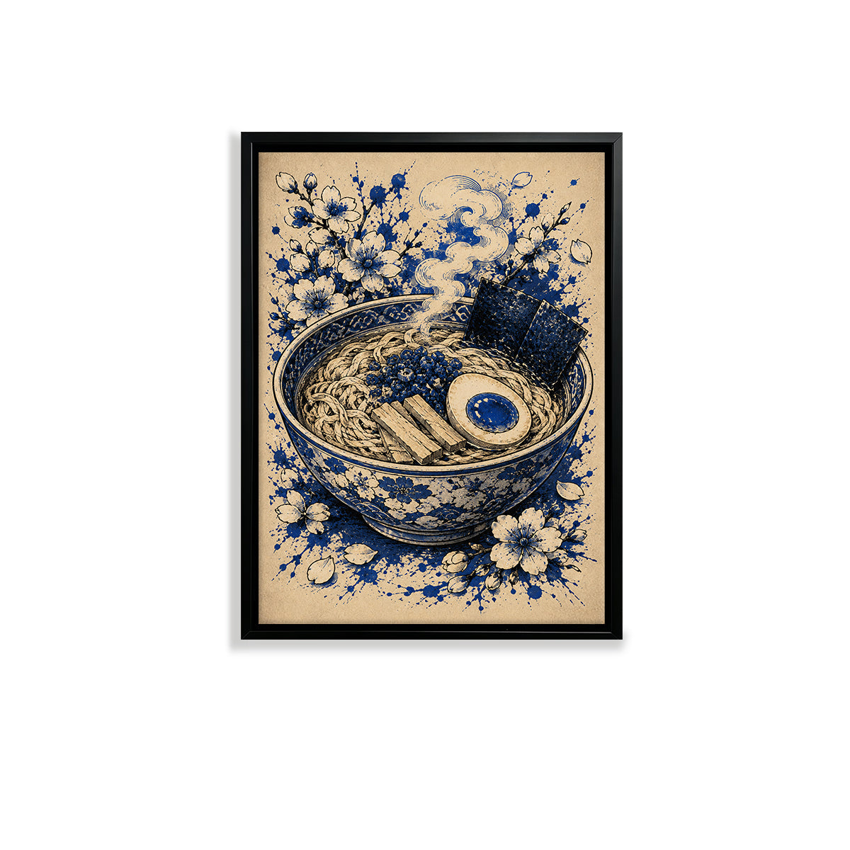 Framed Ramen Bowl Art Print with Cherry Blossoms, Blue and White Style, Perfect Home Decor for Kitchen or Dining Room