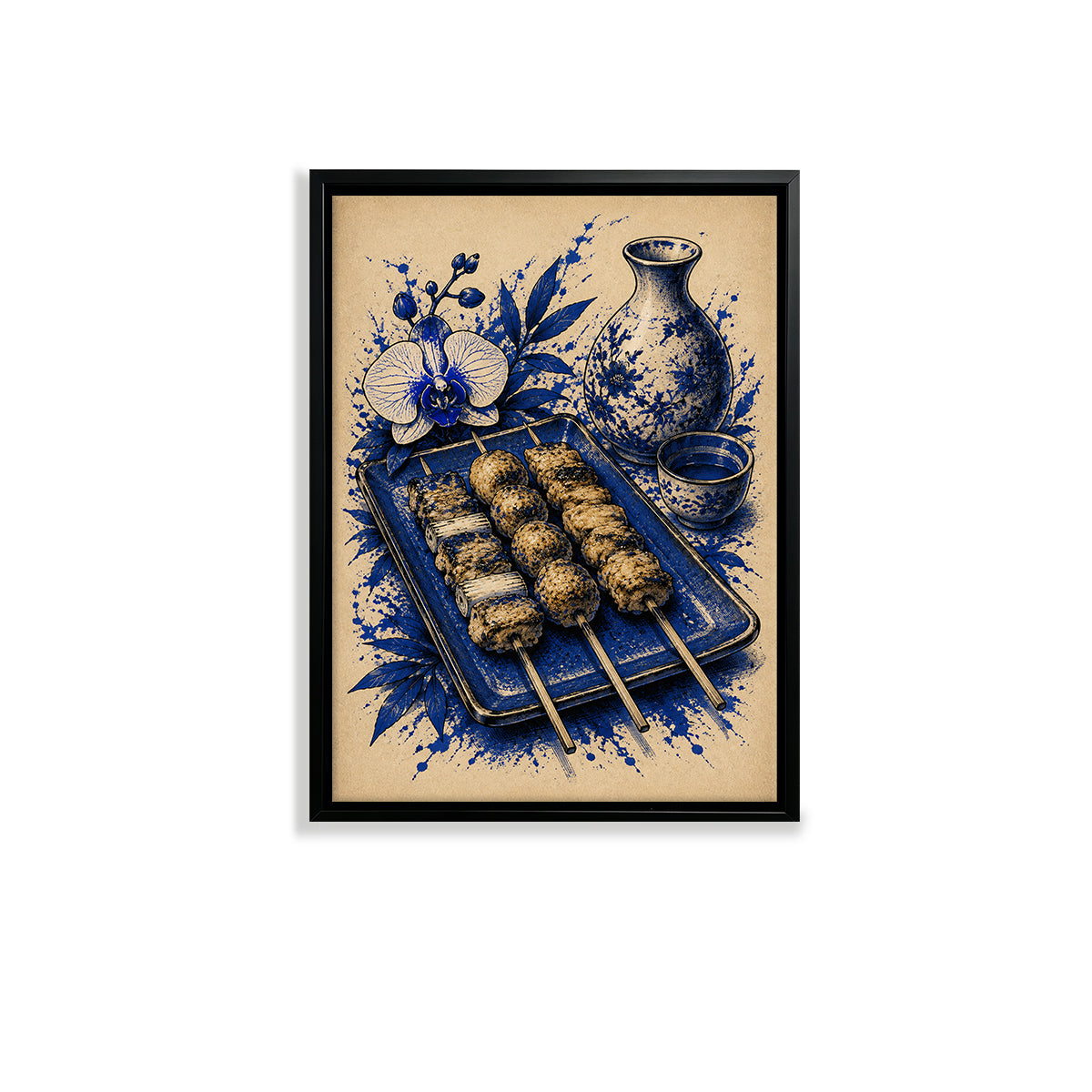 Framed Japanese Yakiniku Art Print, Blue & White Floral Design, High-Quality Giclee on Canvas, Perfect for Kitchen or Dining Room Décor